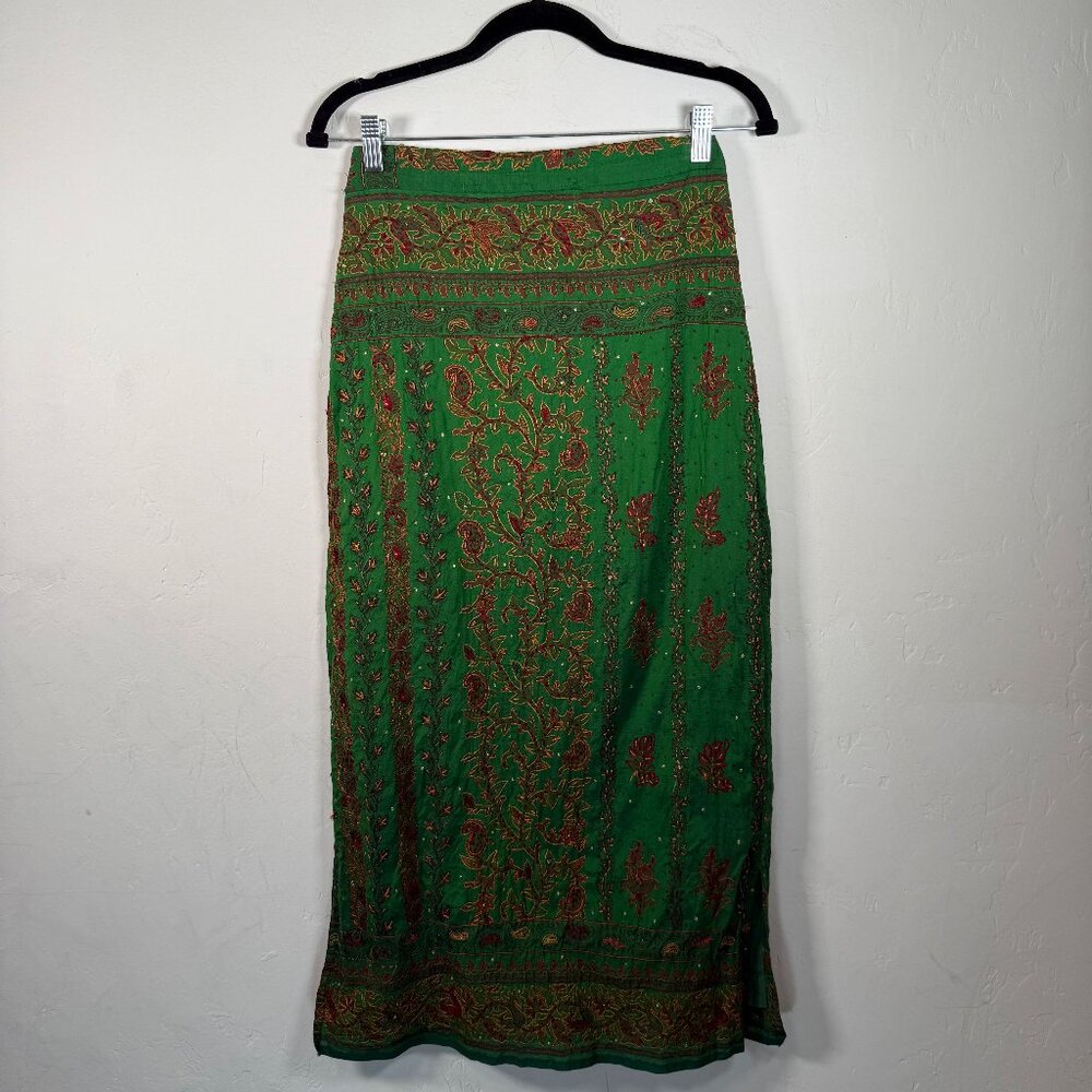Vintage Emerald Green & Red Floral Embroidered Back Zipper Side Slit Maxi Skirt